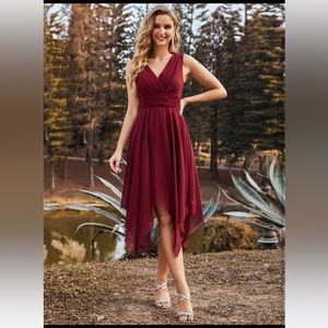 Burgundy Pleated Waist Asymmetrical Hem Chiffon Dress, size 4